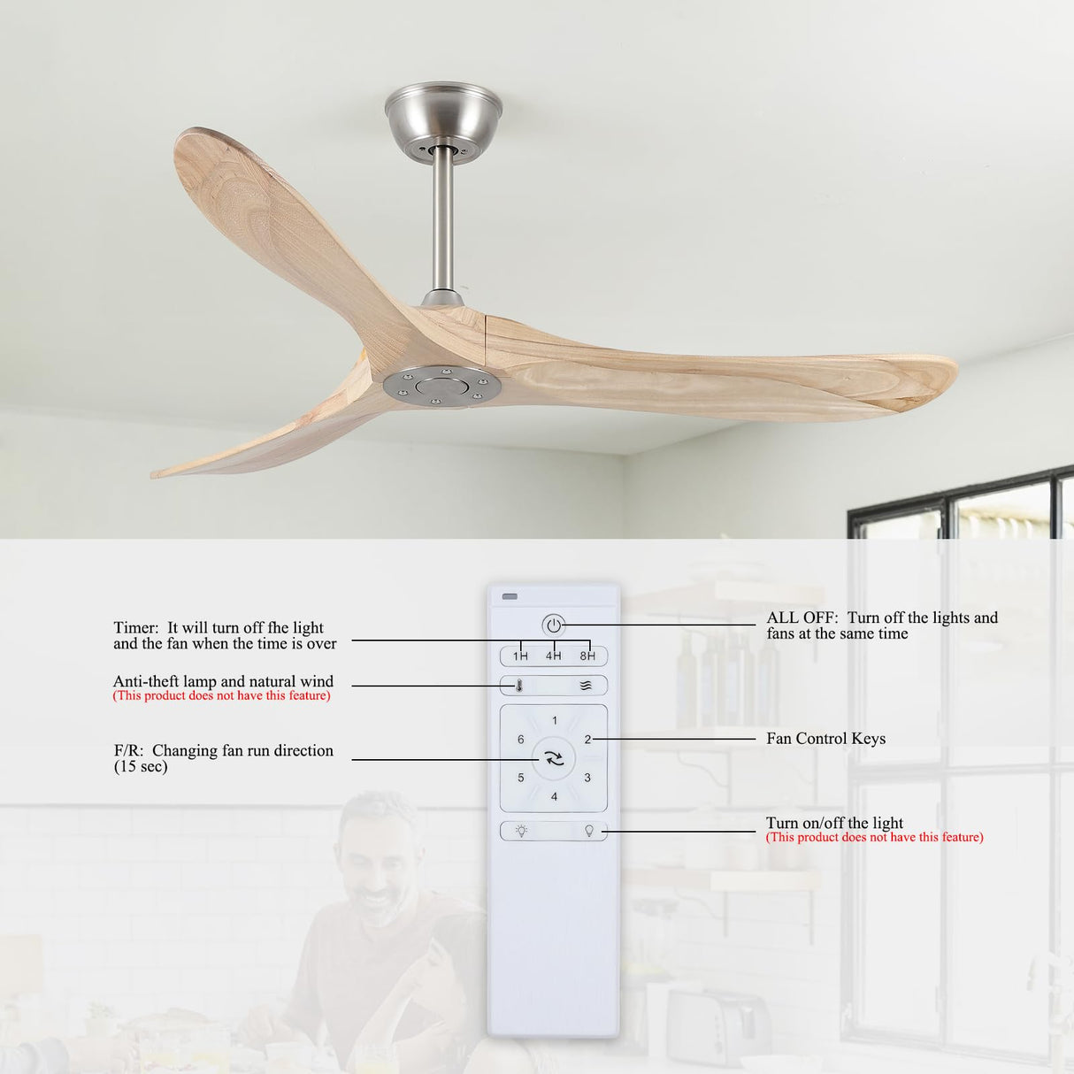 DefinElegant 52" Modern Ceiling Fan, No Light, 6-Speed, Reversible, Timed Shutdown, DC Motor, Natural Wood 3 Blade, Porch, Bedroom, Living Room DefinElegant