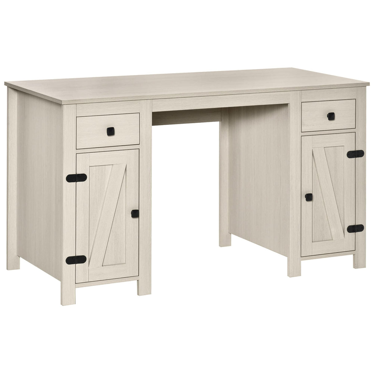 HOMCOM Farmhouse Computer Desk with Storage, Home Office Desk with 2 Drawers and 2 Cabinets, Cream White HOMCOM