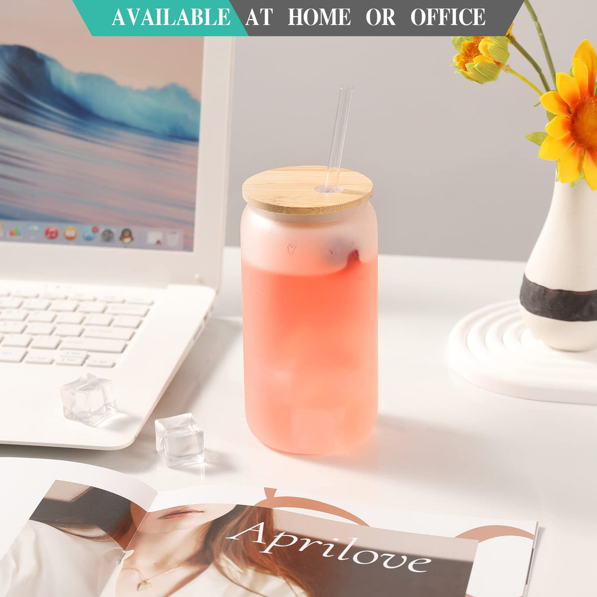 WHEATHUSK 12 Pack Sublimation Glass Cups Frosted 16oz Blanks Beer Can Borosilicate Glasses Tumbler with Bamboo Lids and Straws for Beer, Juice, Soda, Iced Coffee, Drinks WHEATHUSK