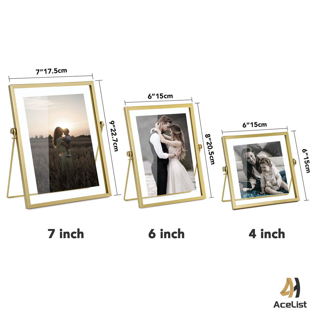 AceList Set of 3 Glass Photo Frame Collection Simple Metal Geometric Picture Frame with Glass Cover Includes 4 x 4, 4 x 6, 5 x 7 AceList