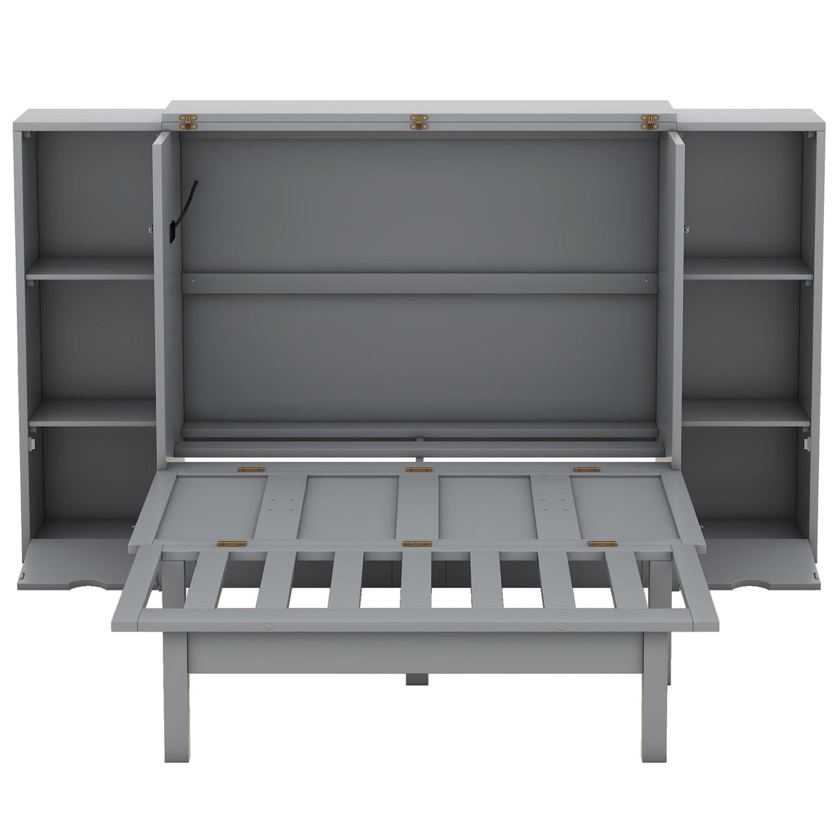 Queen Size Murphy Wall Bed with Storage, Bookcase Headboard, Solid Wood Cabinets, Shelves, Drawers, USB Ports, Multi-Function Platform Bed for Home Office, Guest Room (Gray) MERITLINE