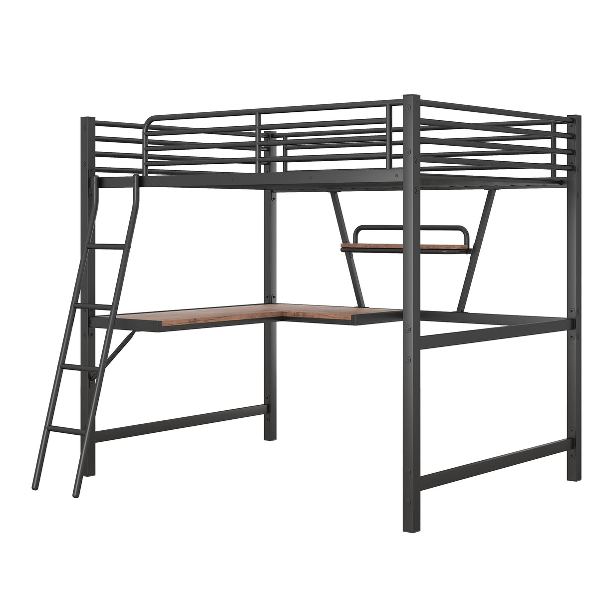 Full Size Loft Bed with Desk and Storage Shelf, Heavy Duty Loft Bed Full Size, Full Loft Bed with L- Shaped Desk and Guardrail, Full Size Loft Bed for Kids, Teens, Adults, Full Size Loft Bed Black Bellemave