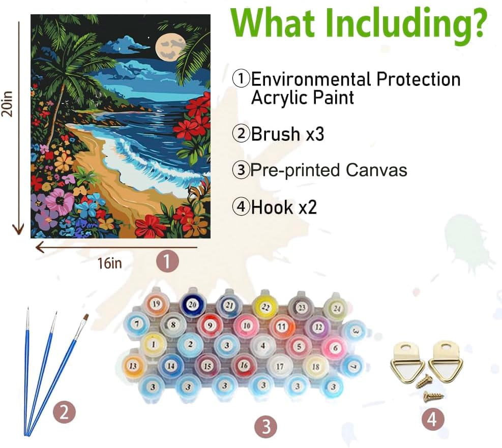 DIYDECORFUN Beach Paint by Numbers Kit for Adults, Moon Beach Paint by Number on Canvas, Frameless DIY Acrylic Landscape Easy Adults' Paint by Number Kits for Home Decor Gift 16x20 Inch DIYDECORFUN