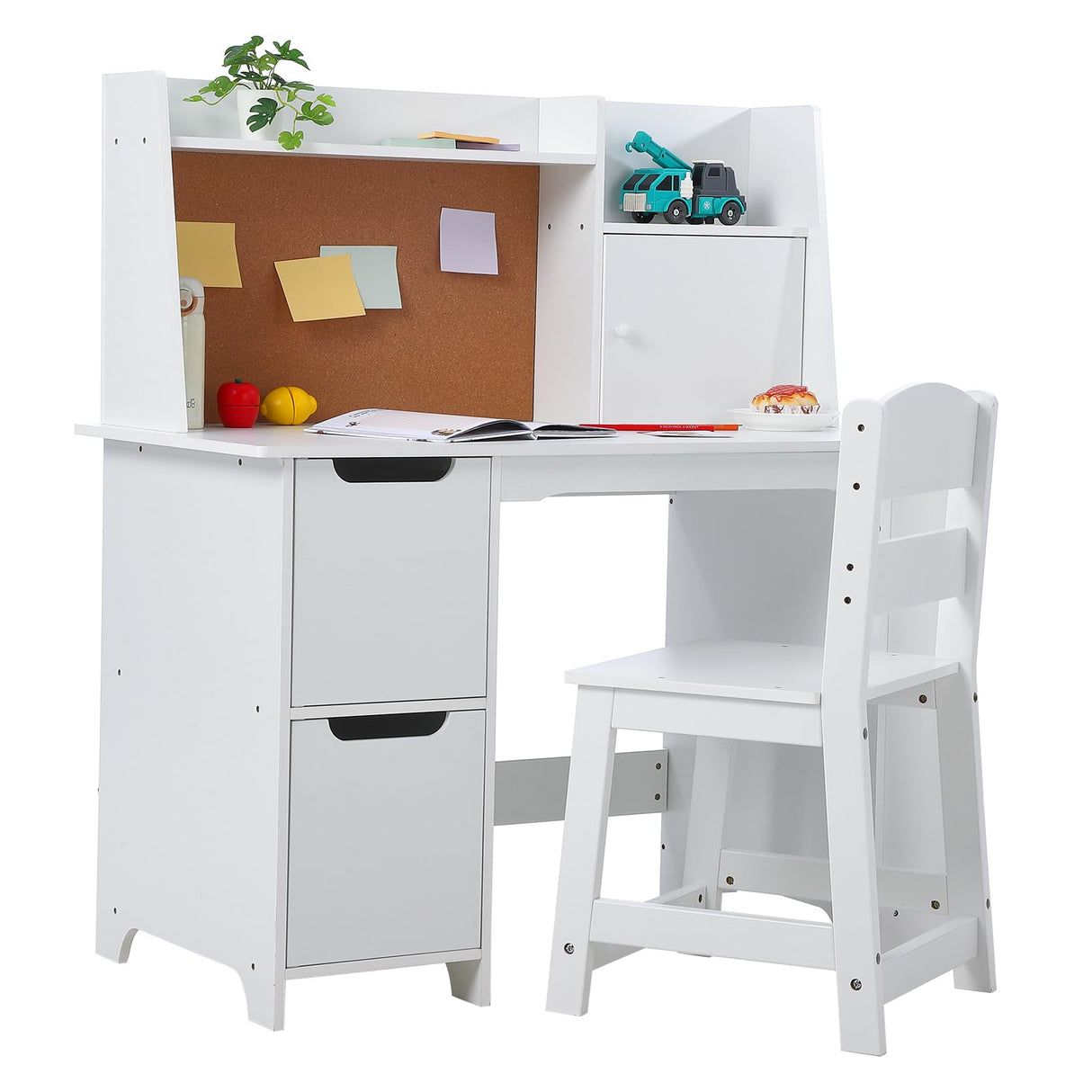 Kids Study Desk and Chair Set with Storage - White Learning Table with Bookshelf and Cabinets for Boys and Girls Ages 3-8 Wpond