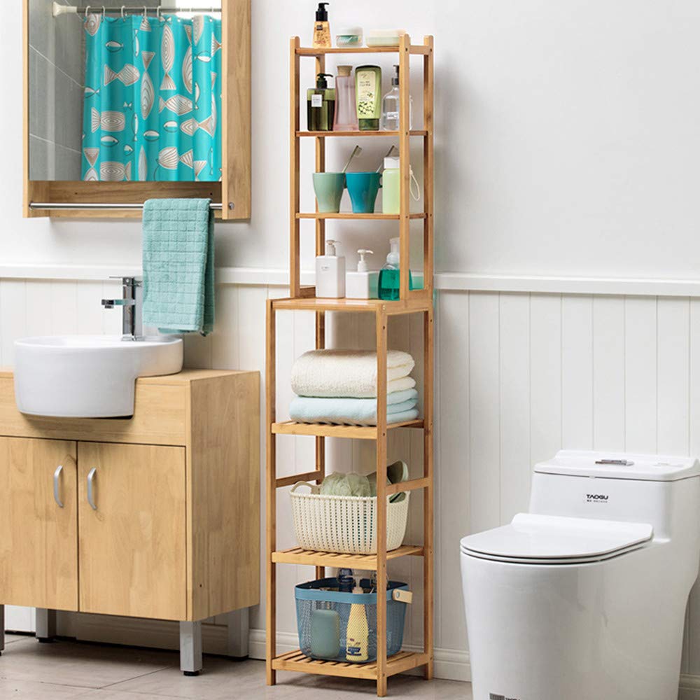 URFORESTIC 7-Tier Bamboo Bathroom Shelf, Narrow Space Shelf for Small Space,Small Fish Tank Stand Multifunctional Storage Rack, Wood Corner Rack, for Kitchen, Livingroom, Bedroom, Hallway(Natural) URFORESTIC