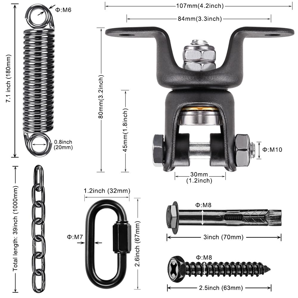 BeneLabel Hammock Chair Hanging Kit, Heavy Duty Swing Hanger with Spring and 39" Chain,Indoor Outdoor Playground Hanging Hammock Punching Bags, 360° Rotation, Black BeneLabel