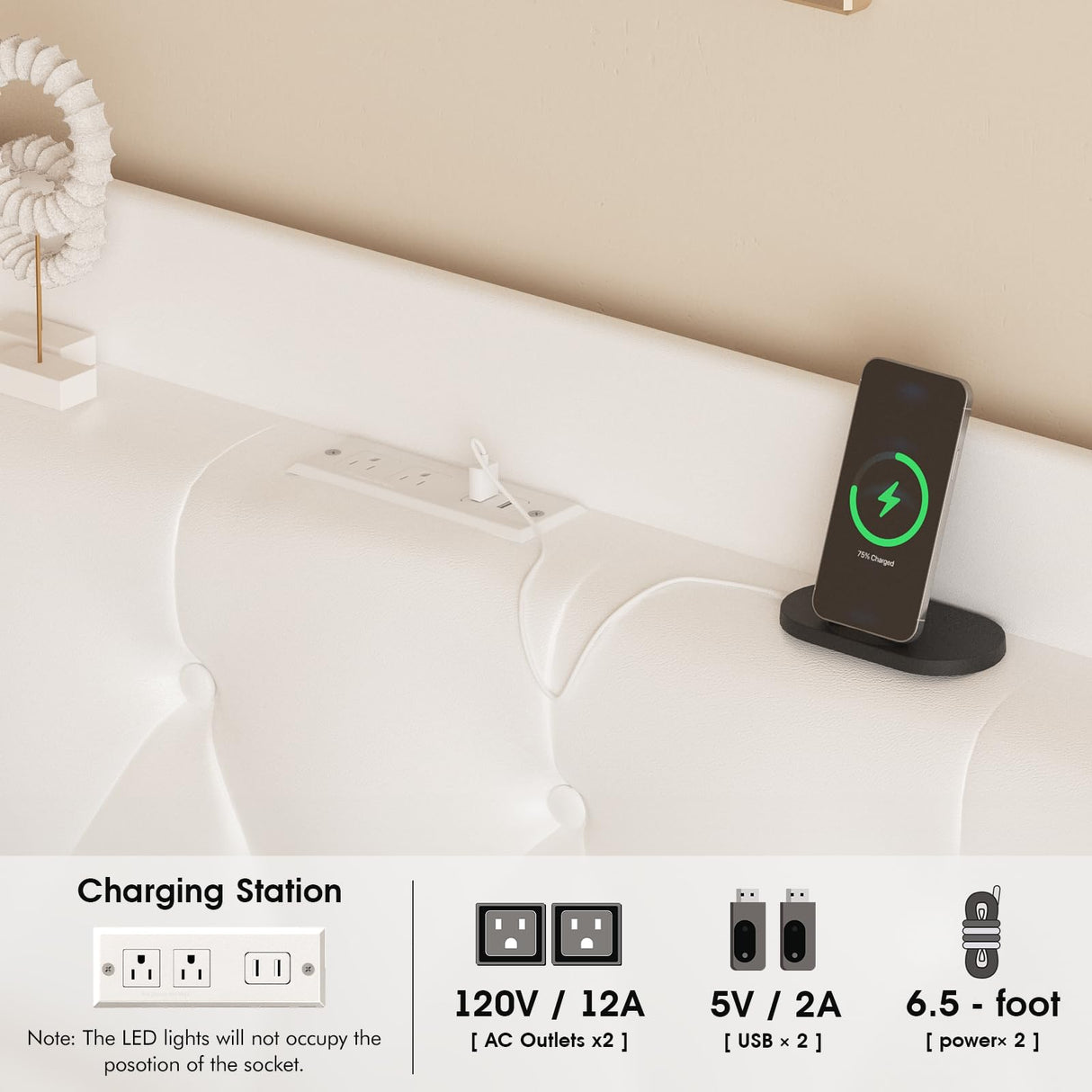 Halitaa White PU Leather Floating Bed Frame with Adjustable RGB LED Lights & Charging Station Halitaa