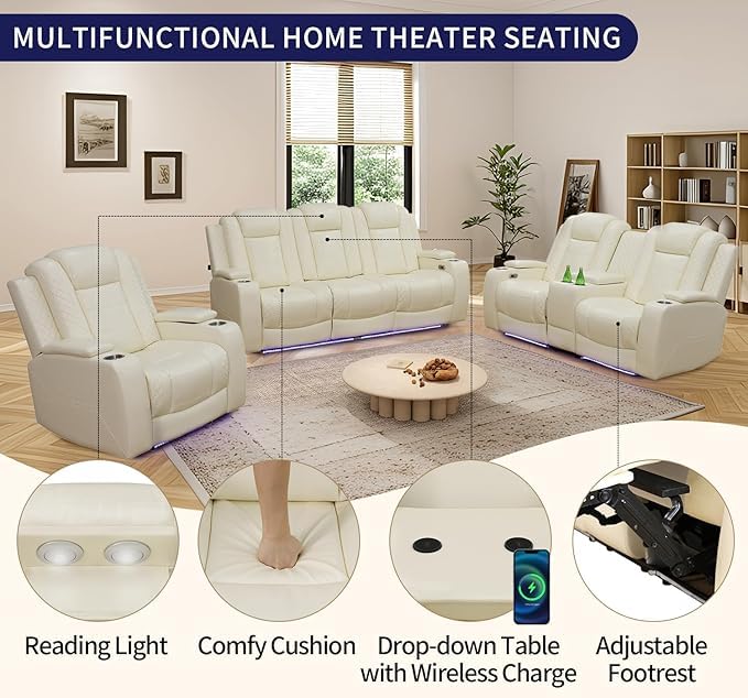 AYCP Furniture Power Recliner Set with LED Lights, Quilted Air Leather Reclining Set with USB Port/Storage/Cup Holder/Reader Light for House/Home Theater/Apt/Rv/Office (Ivory, 3PC Full Set) AYCP Furniture
