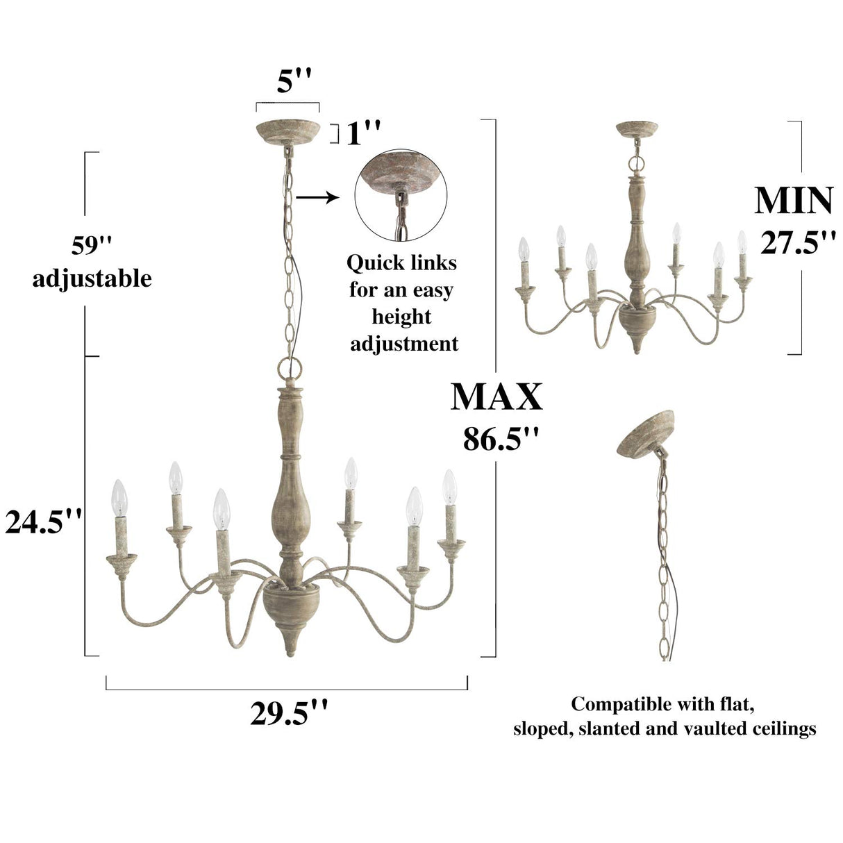 LNC French Country Chandeliers Wood 6 Lights Rust Arms for Dining, Bedroom, Living Room and Bathroom, Brown Lamp Body Size:D29.5 xH24.5 LNC
