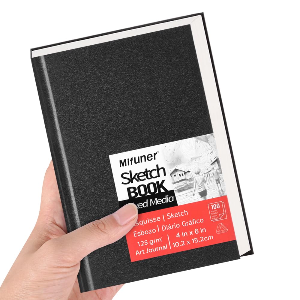Mixed Media Sketch Pad, 4 x 6 inches 125 GSM (100 Sheets/200 Pages) Sketchbook for Drawing, Hardcover Mix Media Art Sketchbook for Wet and Dry Media,Painting,Drawing. 4X6 E-WEICHEN