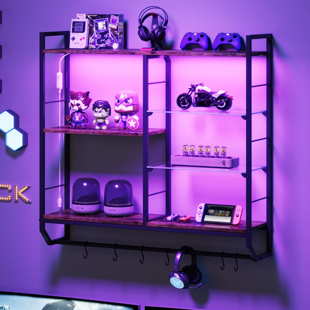 EYCOAL Gaming Floating Shelves, Wall Mounted Wooden Decor Display Shelf with 34" LED Lights and Adjustable Glass Bar Wine Shelf, Extra Hanging Hooks Storage for Gaming Room and Living Room EYOCAL