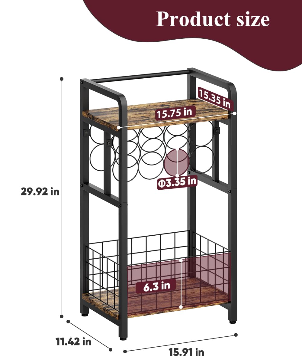 Ansionsol 3-Tier Wine Rack Freestanding Floor with Wood Top, Liquor Stand with Wine Bottle Holder, Corner Mini Bar Table for Small Space, Metal Whiskey Shlef for Kitchen, Cellar, Living Room, Black Ansionsol