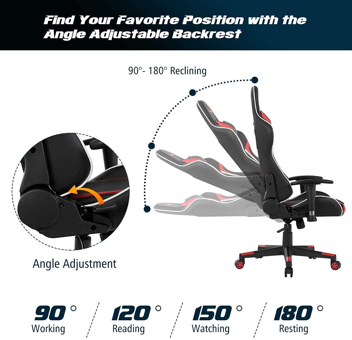 CHEFJOY Massage Gaming Chair, High Back Office Computer Chair with Headrest and Lumbar Support, Racing Style Reclining Swiveling Game Chair for Home Office (Red) CHEFJOY