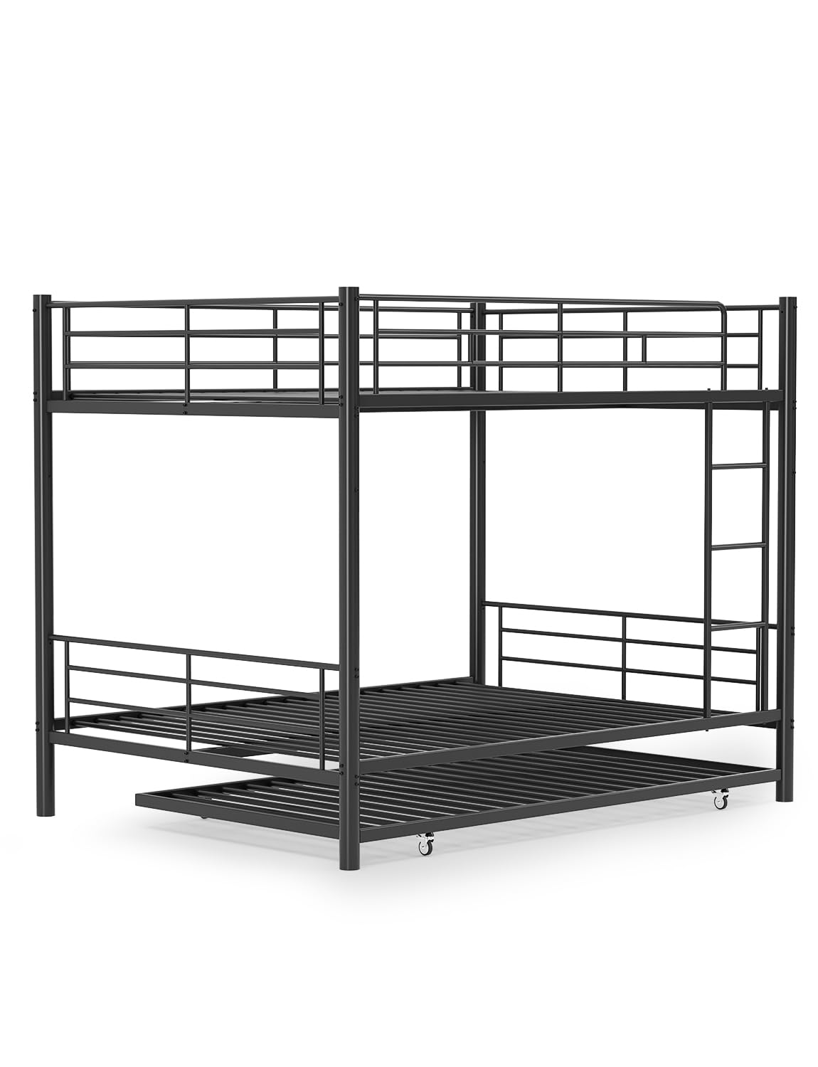 Feetice Full Over Full Bunk Bed with Trundle, Heavy Duty Metal Bed Frame with Full-Length Guardrails & Ladder, 3-in-1 Convertible Full Bunk Bed, Noise-Free, No Box Spring Needed, Black Feetice