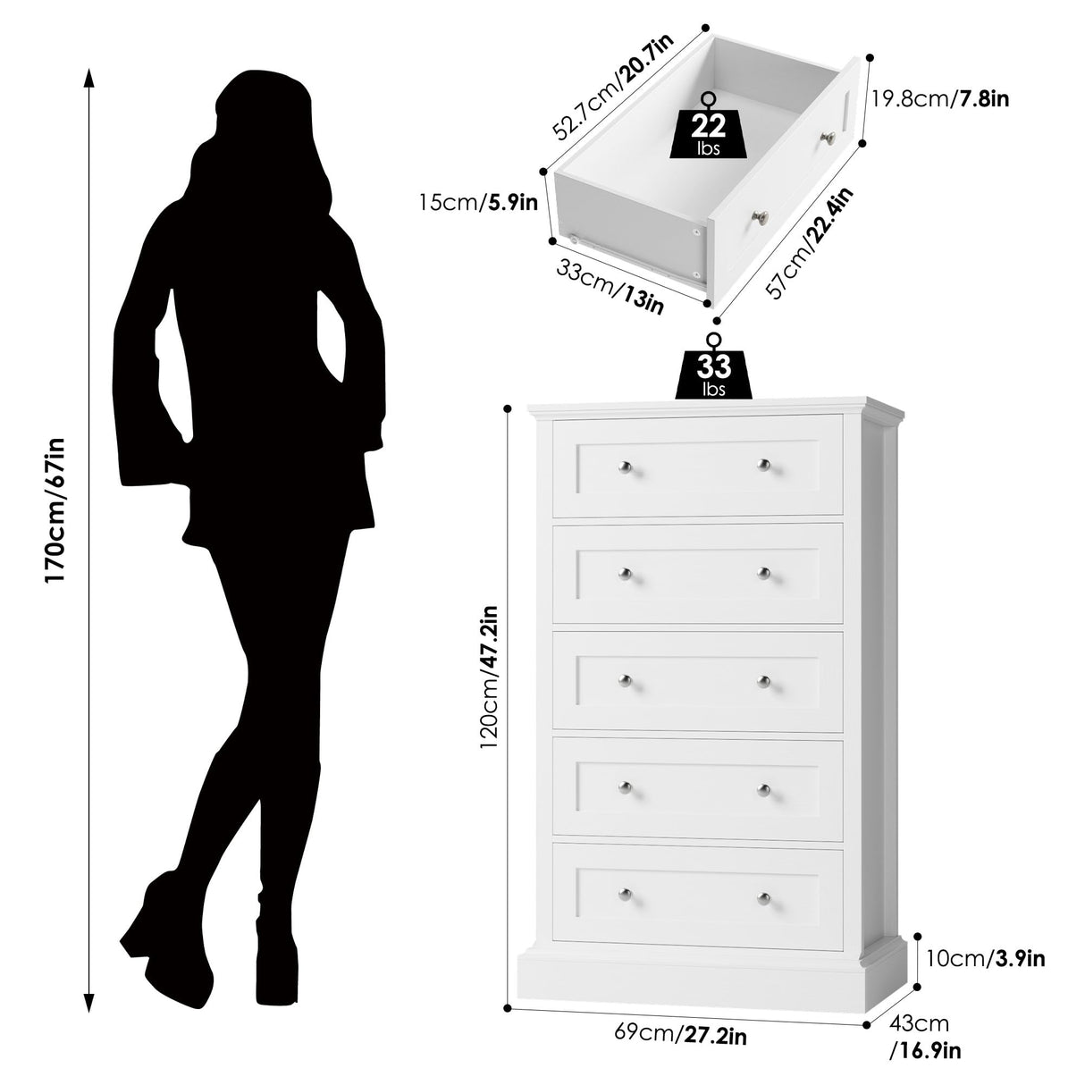FACBOTALL 5 Drawer Dresser, 47.2" Tall White Dresser with 5 Drawers, Chest of Drawers Cabinet Wood Dresser for Hallway Living Room FACBOTALL