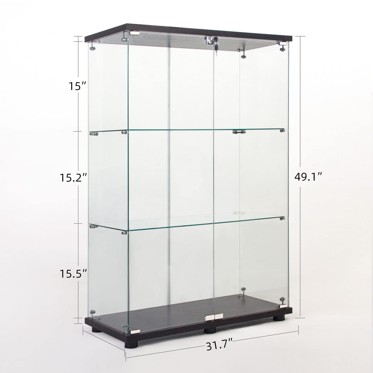 Yoluckea 3 Shelves Glass Cabinet with 2 Doors, Floor Standing Clear Glass Curio Cabinet Collection Display Case for Living Room Bedroom 49.49” x 31.77”x 14.37” Black Yoluckea