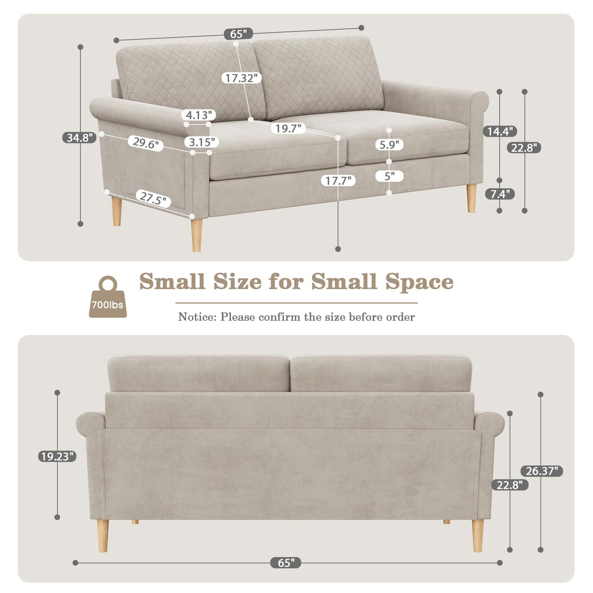 Vesgantti 65" Beige Loveseat, Comfy Mid-Century Modern 2-Seat Sofa, No-Tool Assembly Small Couch for Living Room & Bedroom Vesgantti