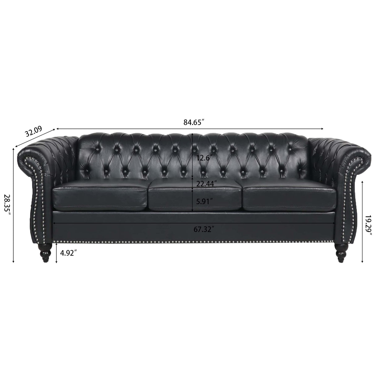 Ball & Cast 84" Chesterfield Leather Sofa with Channel Tufted Seat Back,Classic 3 Seater Couch w/Roll Arm Nailhead Trim and Upholstered,Mid Century Furniture for Living Room,Bedroom,Office,Black PU Ball & Cast