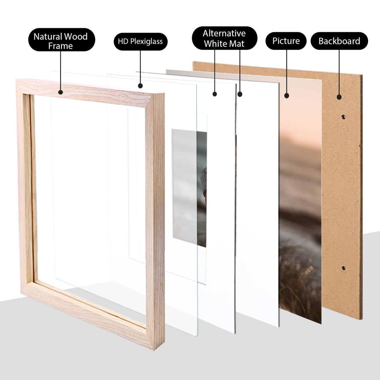 KINLINK 12x12 Picture Frame, Natural Square Solid Wood Frames for Pictures 8x8 with Mat or 12x12 without Mat, Wall Display Photo Frames Natural Wood 4 Pack KINLINK