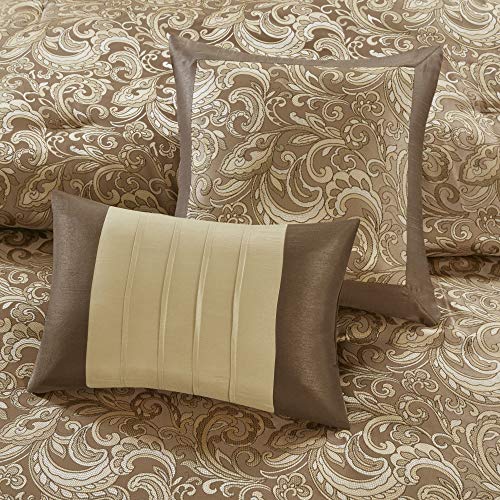 Madison Park Essentials Brystol 24 Piece Room in a Bag Faux Silk Comforter Jacquard Paisley Design Matching Curtains Down Alternative Hypoallergenic All Season Bedding-Set, Queen(90"x90"), Brown Madison Park