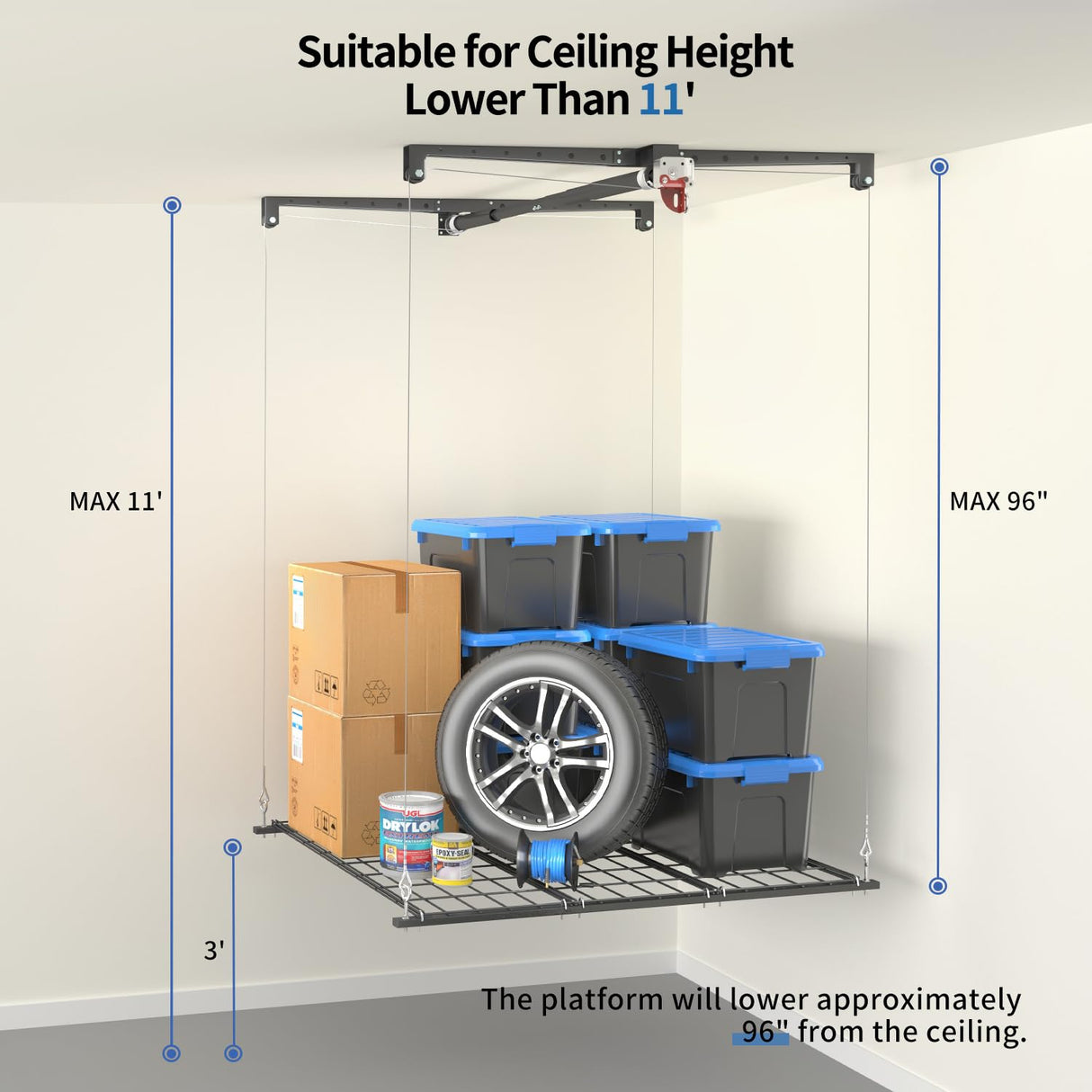 KOKORACKER Garage Ceiling Storage Racks, Heavy-duty 4x4 Ft Overhead Garage Storage Rack with Safety Lock, Ideal for Overhead Storage Mounted Lift System and Storage Organizer, 250lbs Capacity KOKORACKER