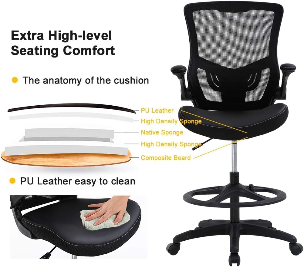 Drafting Chair Ergonomic Tall Office Chair Standing Desk Chair with Flip Up Arms Foot Rest Back Support Adjustable Height Mesh Drafting Stool, Black PayLessHere