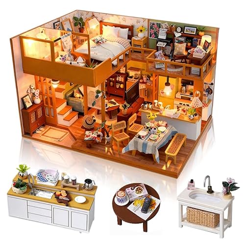 DIY Miniature Dollhouse Kit, Mini House Making Kit with Furnitures and Dust Cover, Tiny House Kit to Build for Adults, Hobby Craft Gift for Christmas Day, Japanese Style Loft
