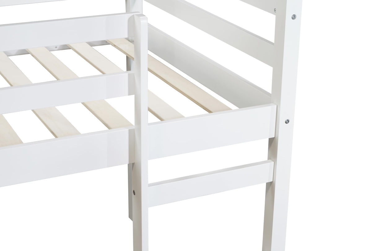 LINKHOO Twin Size Wooden Low Loft Bed with Guardrail and Ladder for Kids, Boys and Girls, No Box Spring Needed, White LINKHOO