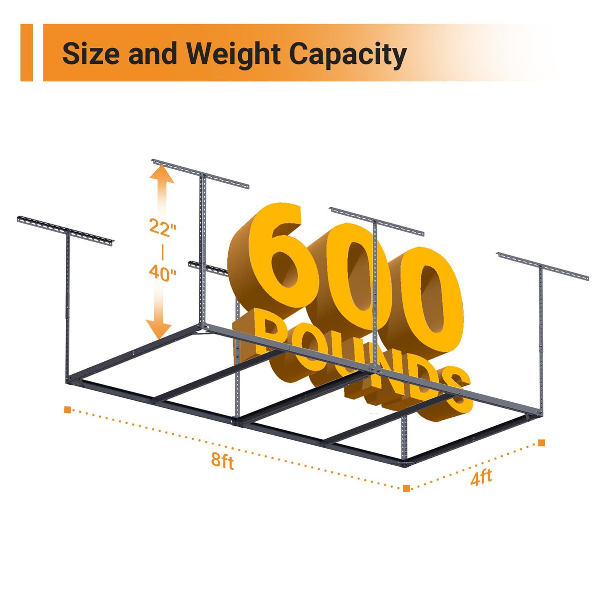eShelf 4x8ft Overhead Garage Storage Rack Wooden Decking Not Included, Heavy Duty Metal Rack, Adjustable Ceiling Dropdown, 600lbs Weight Capacity (Black) eShelf