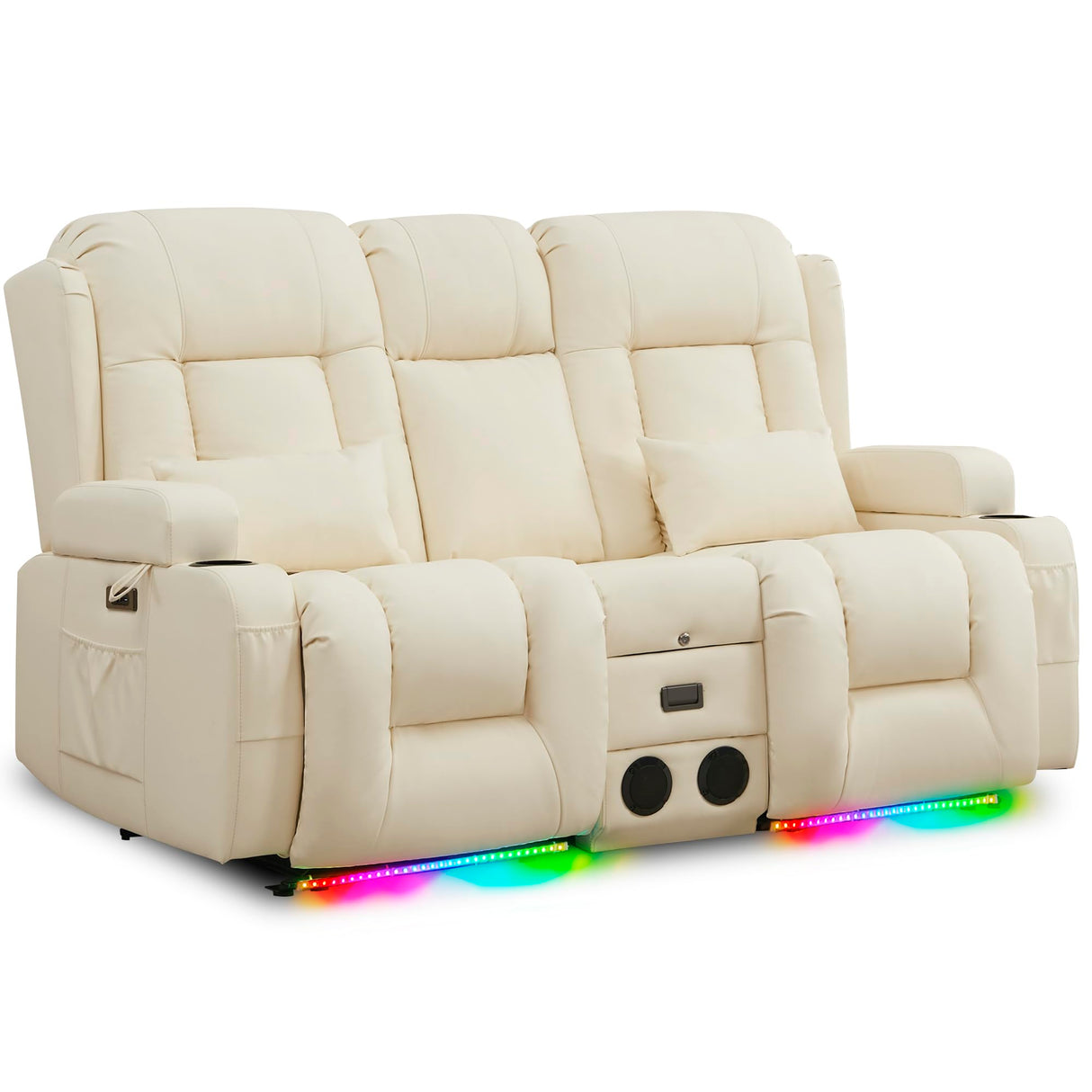 URRED Power Reclining Loveseat Sofa with Console, RV Couch Loveseat Recliner Sofa with Massage & Heat, LED Light, Cupholders, Bluetooth Speakers, USB Charge Ports, Outlets, Faux Leather, Ivory URRED