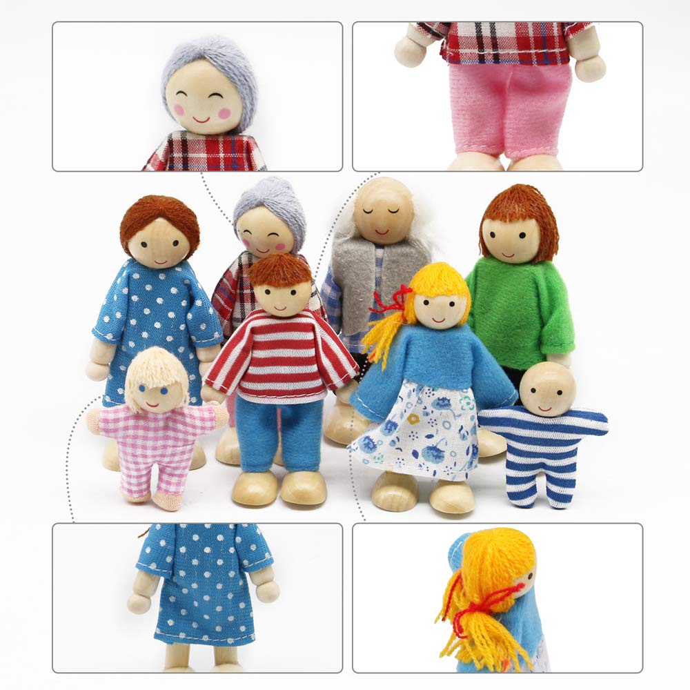 PUCKWAY Lovely Family Dollhouse Dolls Set of 8 Wooden Figures, Kids Girls Happy Playset Characters Accessories for Children Pretend Gift PUCKWAY