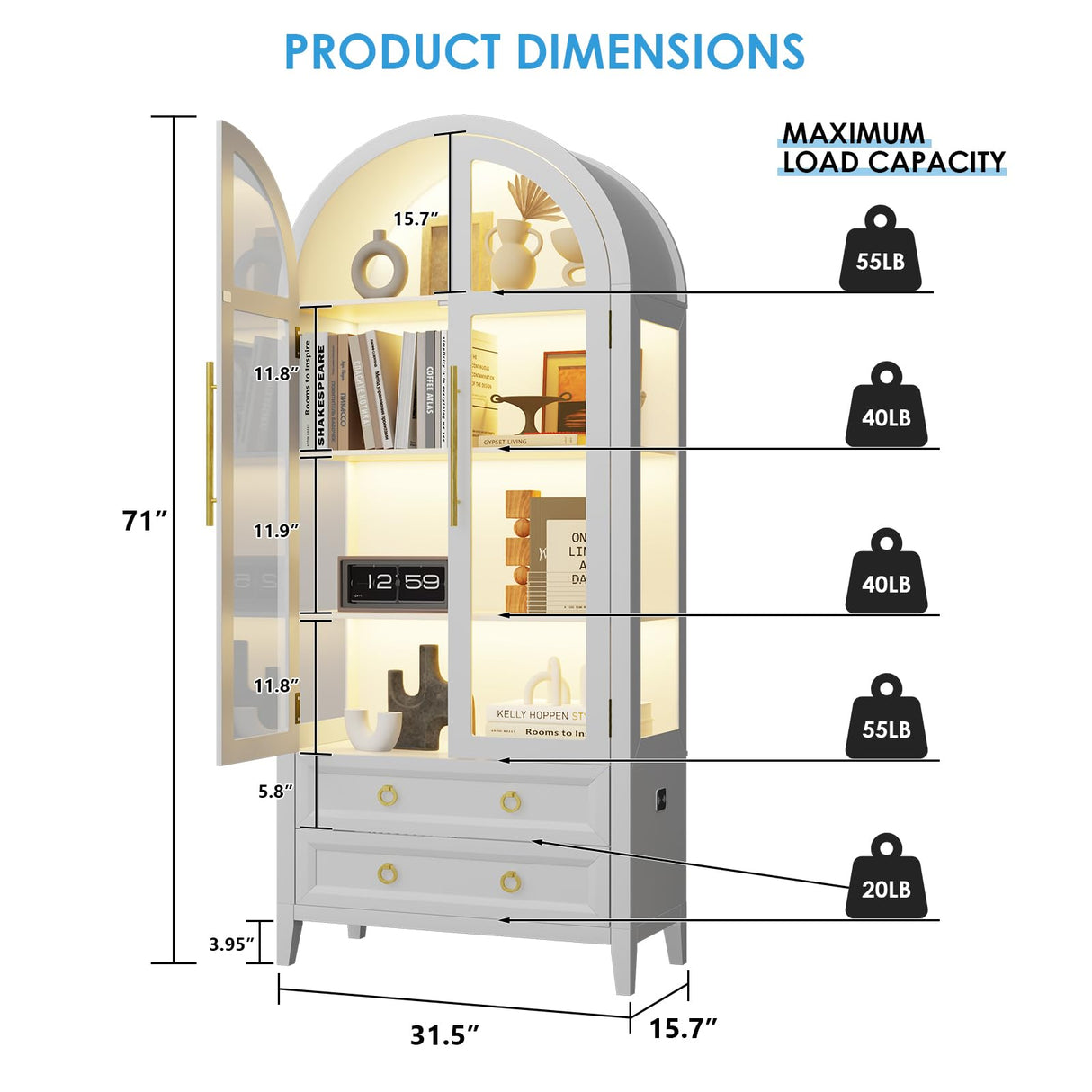 EOAWE Arched Curio Cabinet with Glass Doors, 4-Tier Display Cabinet with 2 Drawers, Tall Bookcase with 3 Color Lights, Display Case, Kitchen Pantry (White) EOAWE