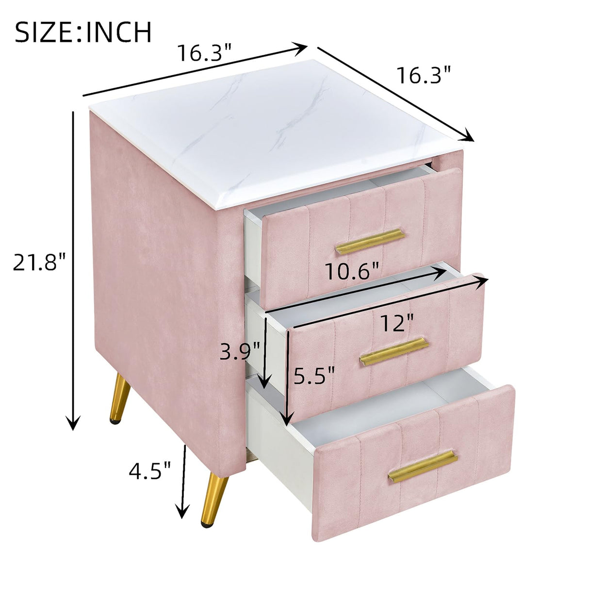 EXZLFA Velvet Upholstered Nightstand End Table with 3 Drawers,Wooden Bedside Table with Marbling Worktop for Living Room Bedroom Home Furniture (Pink) EXZLFA