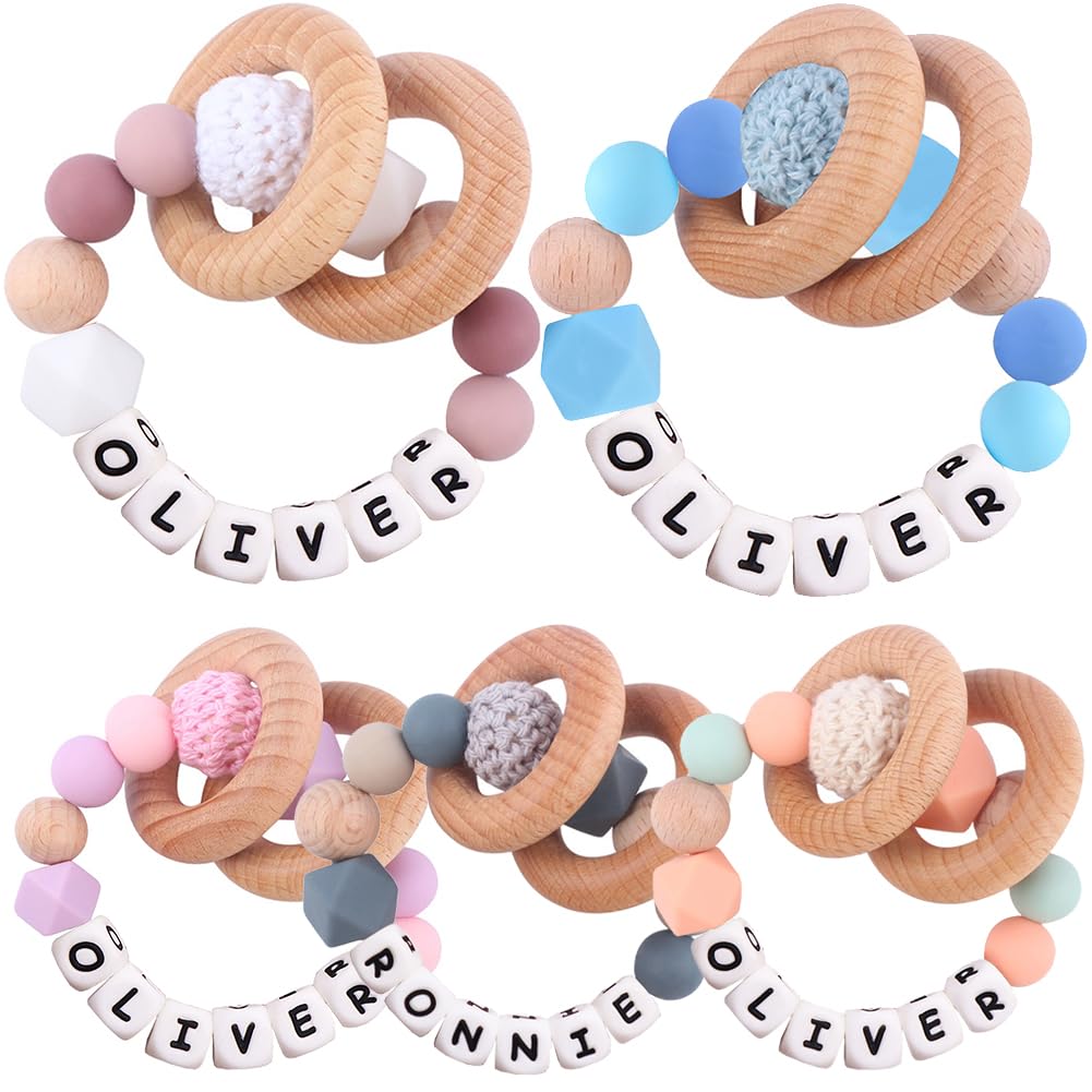 Personalized Baby Rattle Ring with Name,Custom Silicone Bracelet Rings Stroller for New Baby Newborn Shower Gift (Wooden Rings) Verxcty