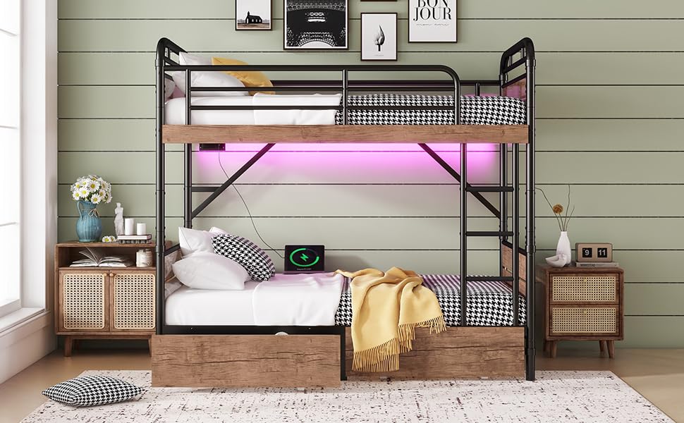 NeoTechEra Twin XL Bunk Bed for Teens - Metal Detachable Bunk Bed with LED Light, USB Charger, 2 Large Drawers, Convertible to 2 Twin XL Beds, Ideal for Small Rooms NeoTechEra