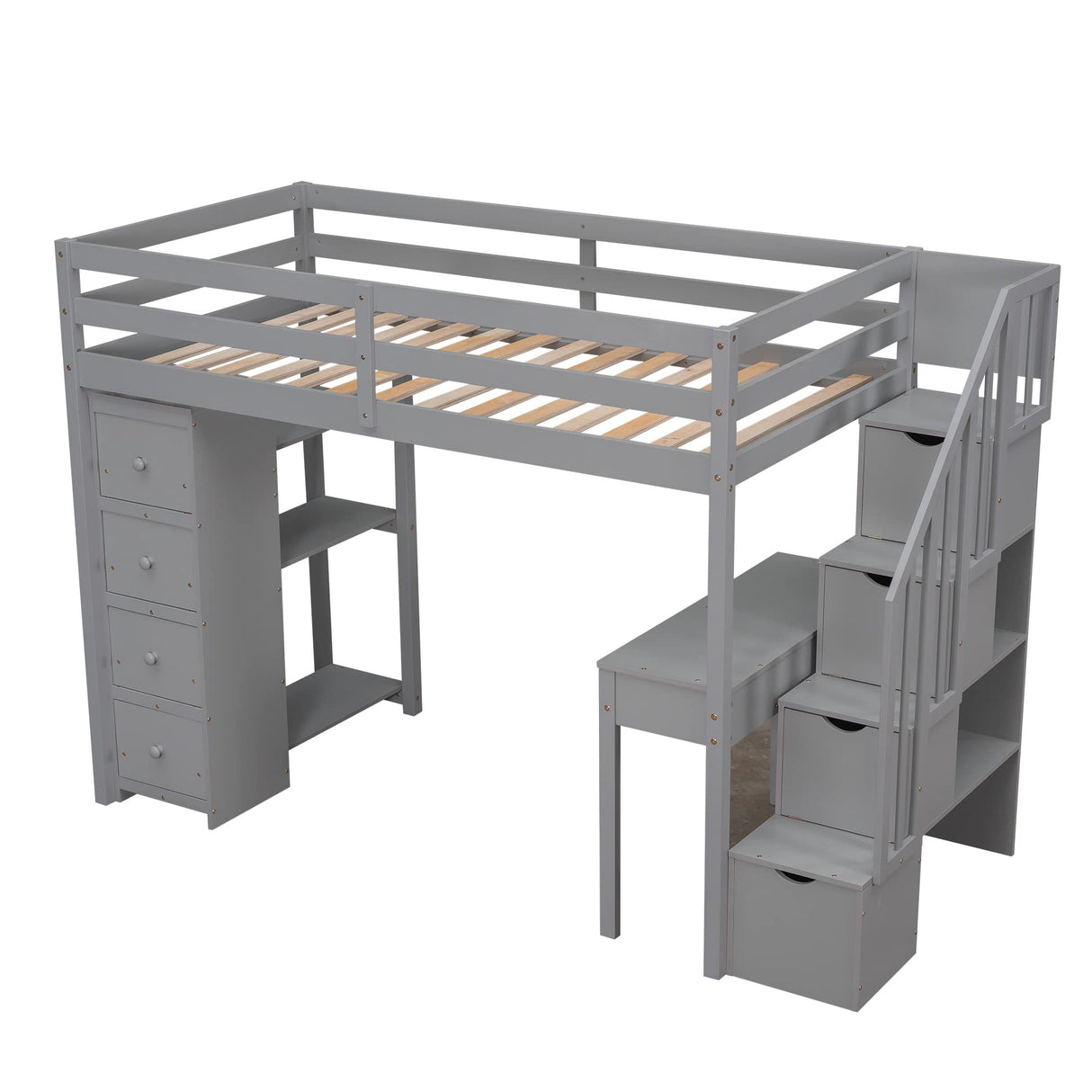 Merax Loft Bed Twin with Desk and Storage Stairs, Space-Saving Wood Bed Frame with Drawers and Shelves, for Teens Adults (Grey) Merax