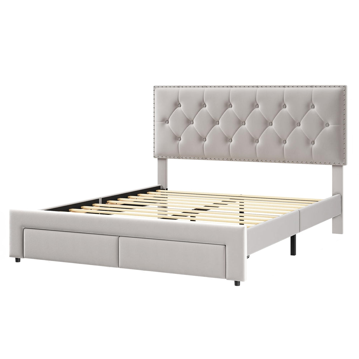 GarveeHome Upholstered Full Size Bed Frame with 2 Storage Drawers, Velvet Platform Bed Frame with Button Tufted Rivets Headboard, Heavy Duty, No Box Spring Needed, Easy Assembly, Beige GarveeHome