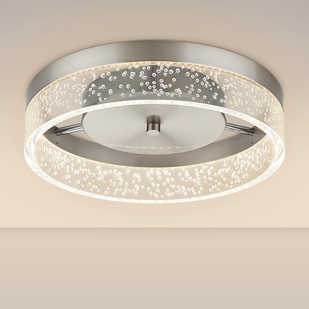 Bekada LED Flush Mount Ceiling Light Fixture, 12In Crystal Chandelier with Clear Bubble Acrylic, Modern Ceiling Lighting for Dining Room, Bedroom, Living Room, Kitchen, Brushed Nickel, 4000K Dimmable Bekada