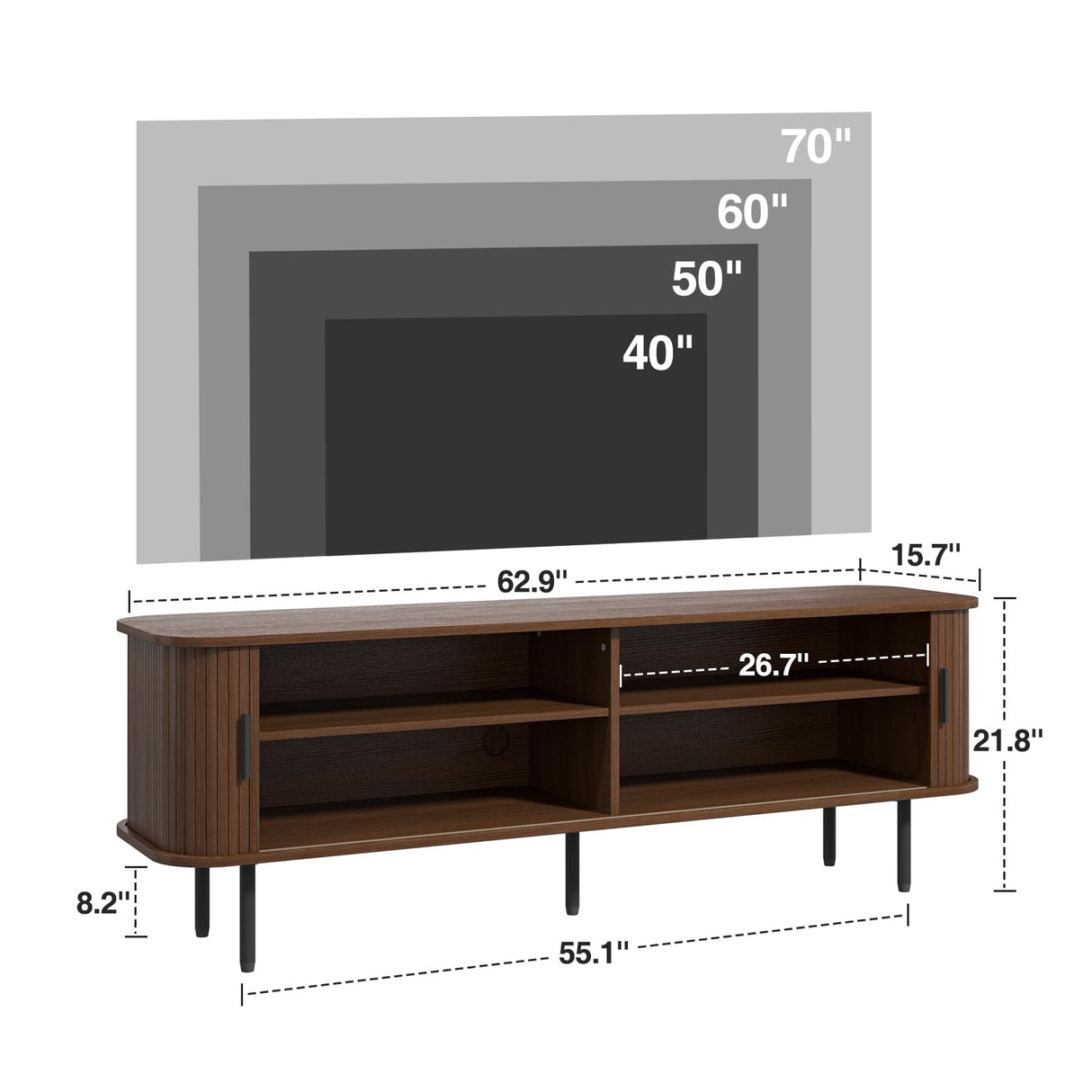 FiveWillowise 63" Mid Century Modern Fluted TV Stand for TVs up to 75 Inch, Gaming Entertainment Center with Tambour Slatted Sliding Doors, Media TV Consoles Table for Living Room, Walnut FiveWillowise