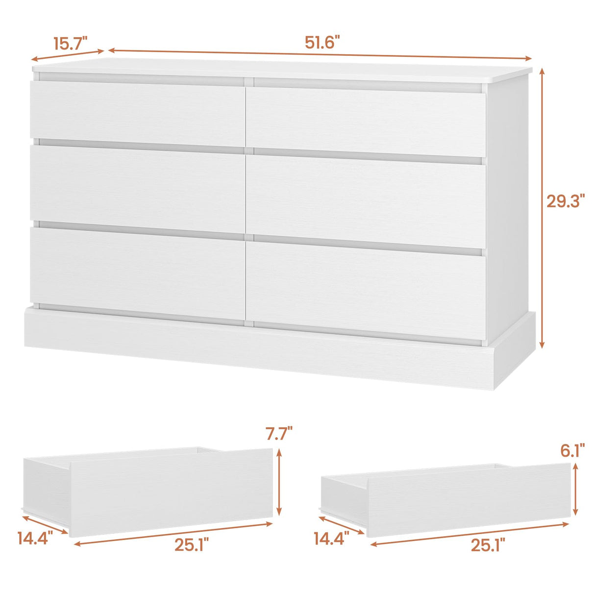 DICTAC 6 Drawers Dresser for Bedroom, White Modern Chest of Drawers, Storage Tower Clothes Organizer Closet, Long Double Dresser with No Handle Drawers, Dimensions 51.6''L x 15.7''D x 29.3''H DICTAC