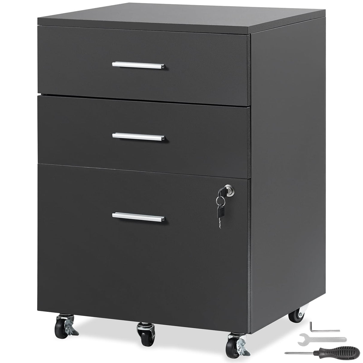 VEVOR File Cabinet, 3-Drawer Wood Filing Cabinet, Locking Office Cabinet for Letter/A4 Size, File Cabinet with 5 Wheels for Home Office, Black VEVOR
