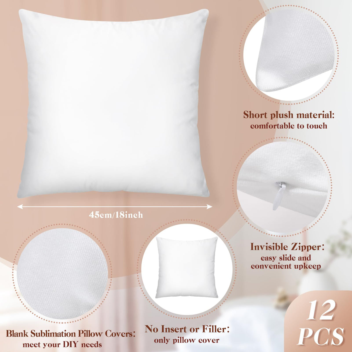 Remagr 12 Pack Sublimation Pillow Cases Bulk 18 x 18 Inch White Blank Cushion Covers DIY Heat Transfer Pillow Covers Short Plush with Invisible Zipper Decorative Polyester Throw Pillow Covers Remagr