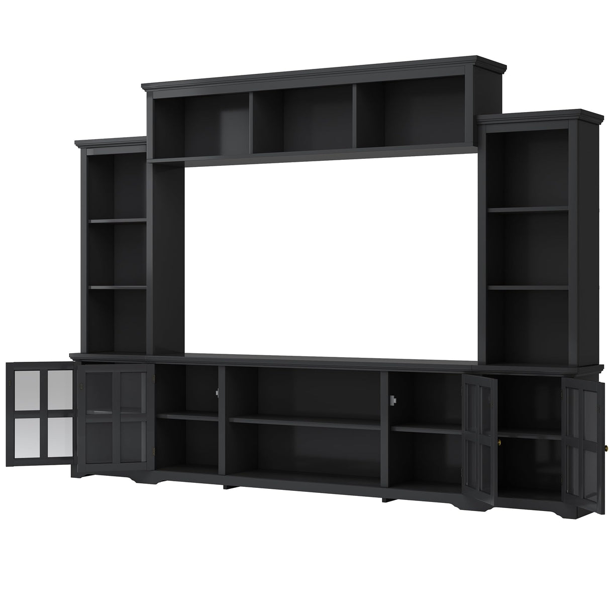 LUMISOL Entertainment Wall Unit with Bridge and Wine Cabinet, Multifunctional TV Stand with Storage Shelves for TVs Up to 70”, Entertainment Center with Tempered Glass Door for Living Room, Black LUMISOL