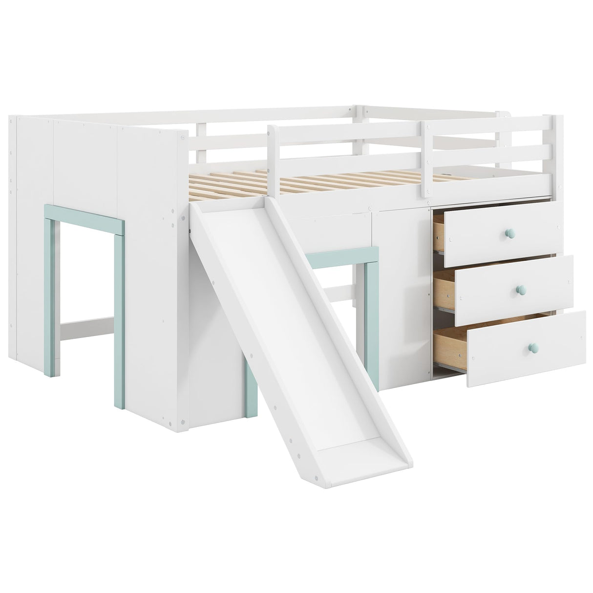 Bellemave Full Size Low loft Bed for Kids,Wood Modern Farmhouse Full Loft Bed with Slide and Drawer Storage, No Box Spring Needed, White Bellemave