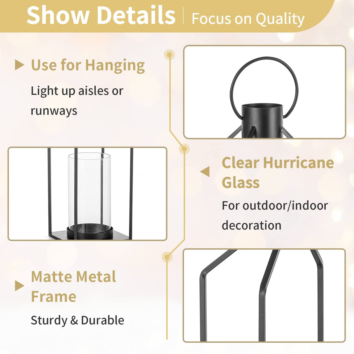 Nuptio Decorative Lantern Candle Holder: 2 Pcs Glass Hurricane Pillar Candles Holders Rustic Black Metal Hanging Lanterns Decor for Outdoor Wedding Farmhouse Home Fireplace Christmas Halloween NUPTIO