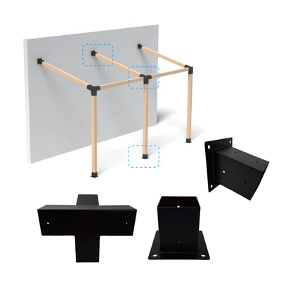 Pergola Bracket Kit 4x4, Including 1 Wall Base, 1 105 ° 4-Way and 1 Bases, 1 Set of Wall Mounted 15° Pitched Roof Mounting Kit for Extension, for Shading Facilities Attached to Walls or Eaves