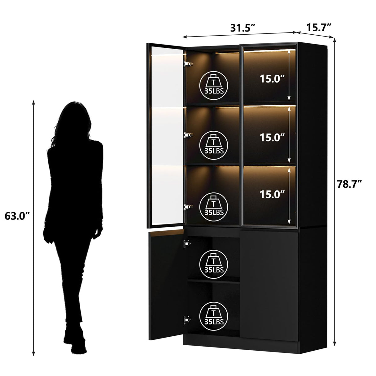 MAISONARIA Display Cabinet with Glass Doors & Lights, Curio Cabinet with 2 Shelves, Glass Display Cabinet for Living Room, Home Office, Bedroom, Black MAISONARIA
