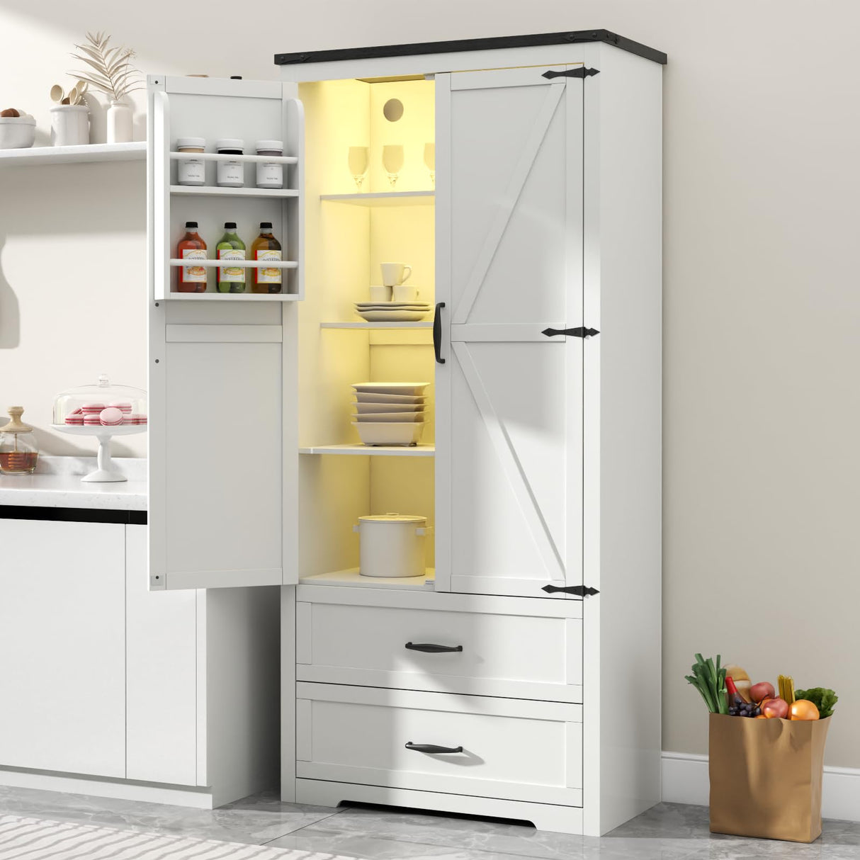 Loomie 71" Tall Farmhouse Kitchen Pantry with Sensor Light & Adjustable Shelves, Large Storage Cabinet with 2 Drawers & Adjustable Shelves, Rustic Wood Cupboard for Dining Room,Bathroom, Living Room Loomie