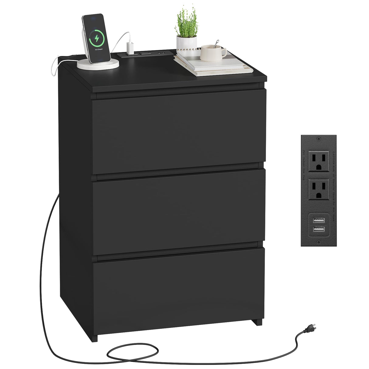 FOTOSOK Black Nightstand, 26" H Black Night Stand with Charging Station, Black Nightstand with USB Ports & Power Outlets, Silent Slides, Wooden End Side Table Bedside Table with 3 Drawers for Bedroom FOTOSOK