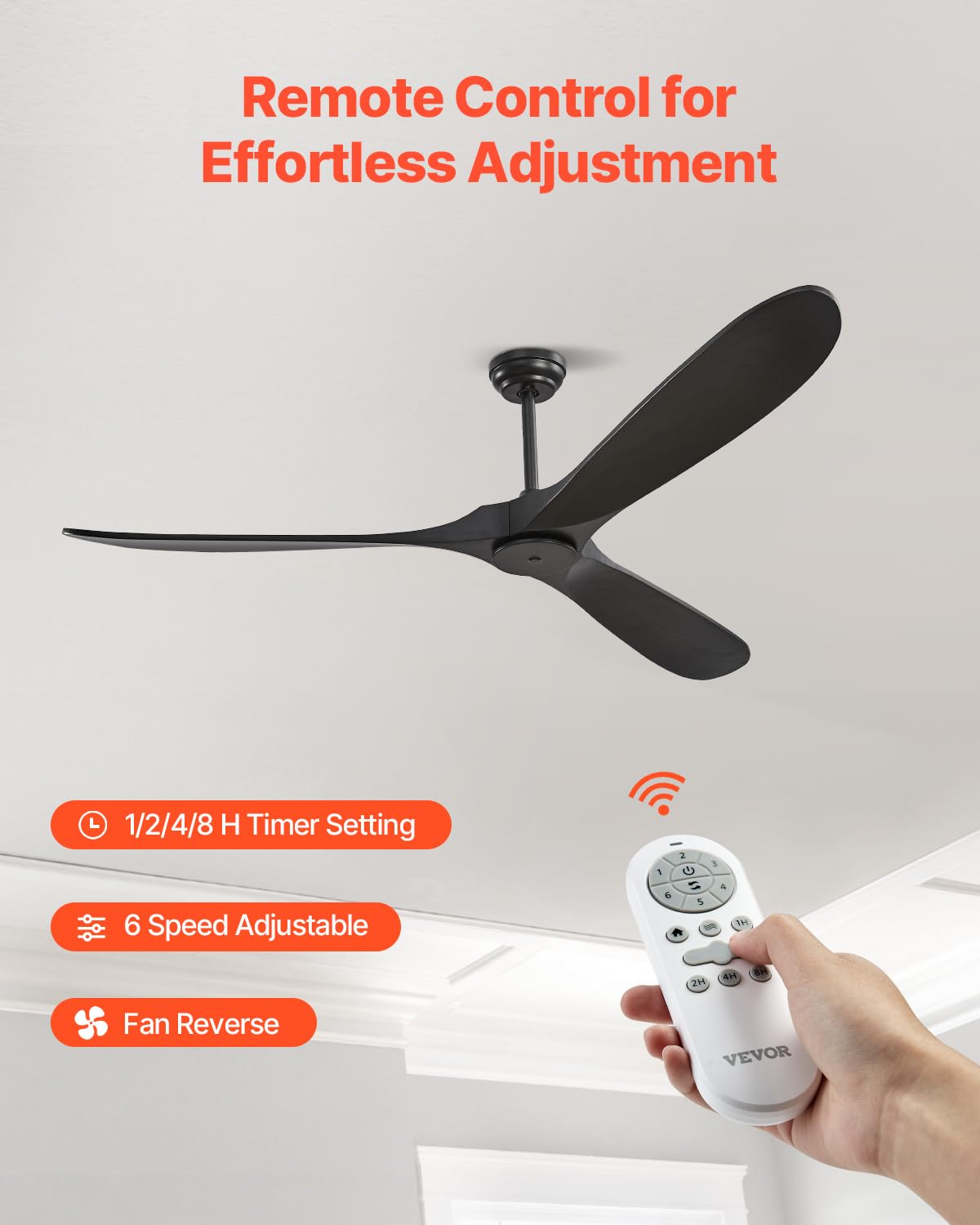 VEVOR 72 Inch Ceiling Fan without Light, 6-Speed Remote Control, 3-Wood-Blade, Reversible DC Motor, Modern Low Profile Flush Mount Exterior Fan for Bedroom, Living Room, Patio, Indoor/Outdoor, Black VEVOR